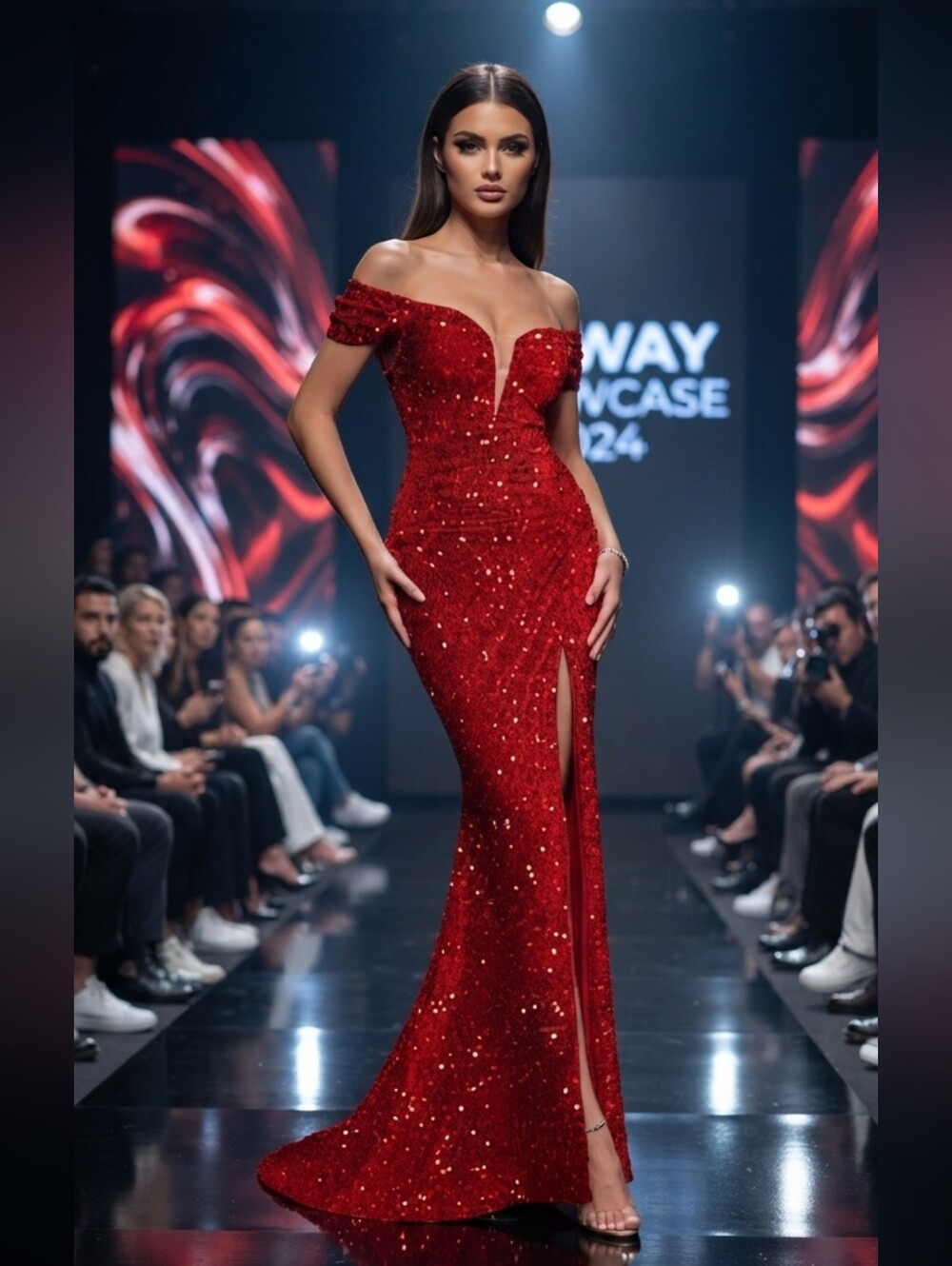Red,off Shoulder Sleeve, Slit, Sequined/Mesh Mermaid Maxi